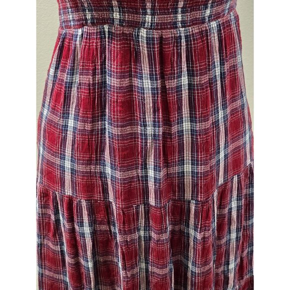 Plaid Smocked Red & Blue Midi Square Neck Dress With Puff Short Sleeves AE - Picture 3 of 6